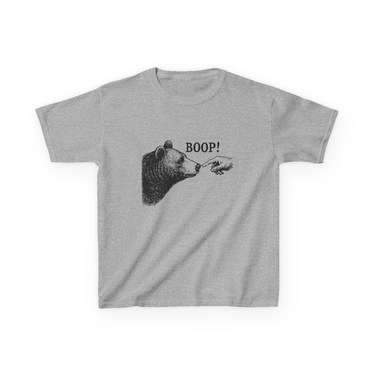 Sport grey Bear Boop kids t-shirt with vintage engraved bear and pointing finger