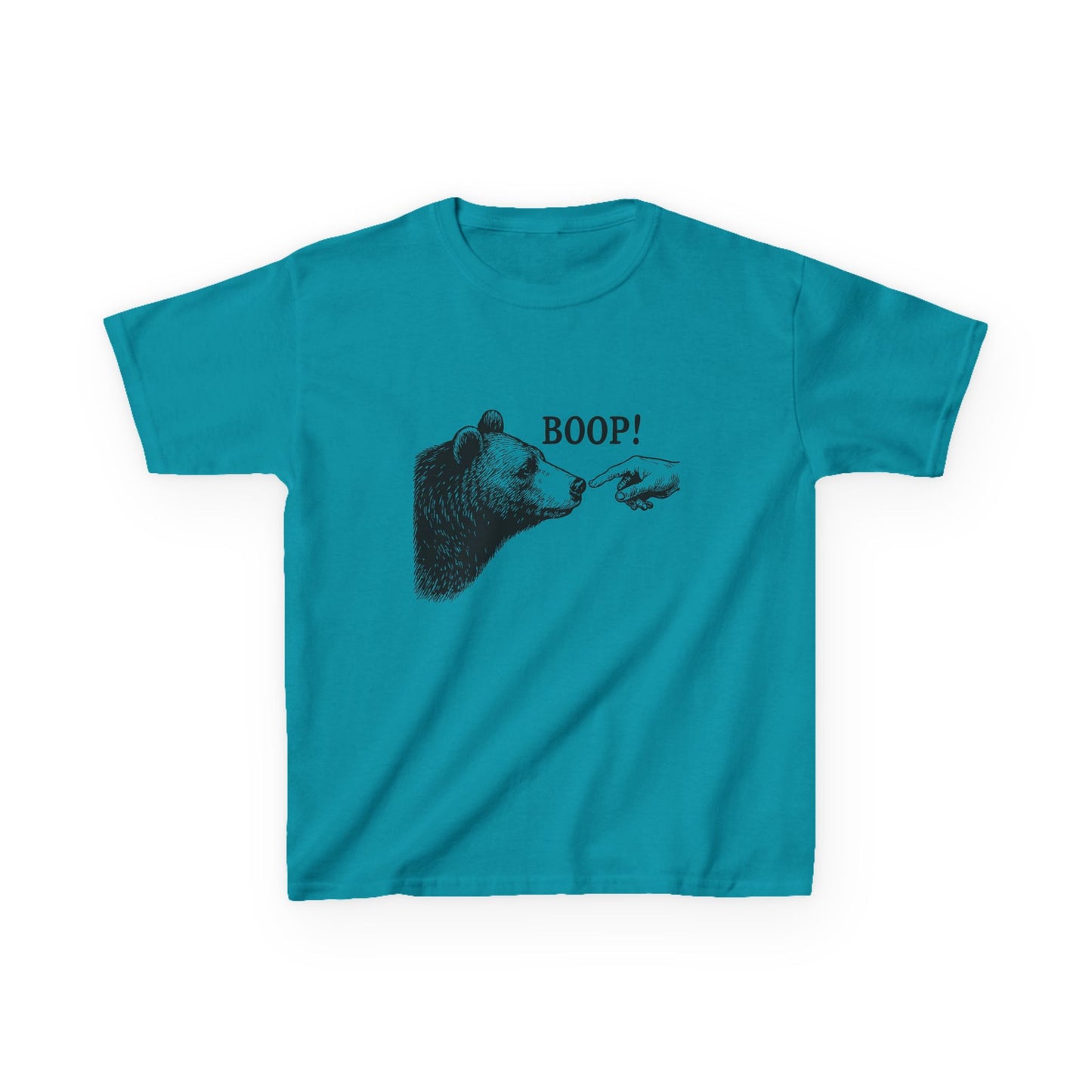 Tropical blue Bear Boop kids t-shirt with vintage engraved bear and pointing finger