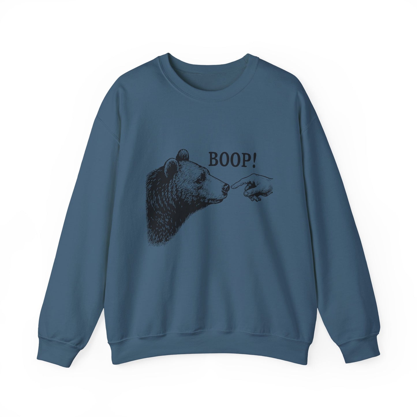 Indigo blue Bear Boop sweatshirt with vintage engraved bear and pointing finger