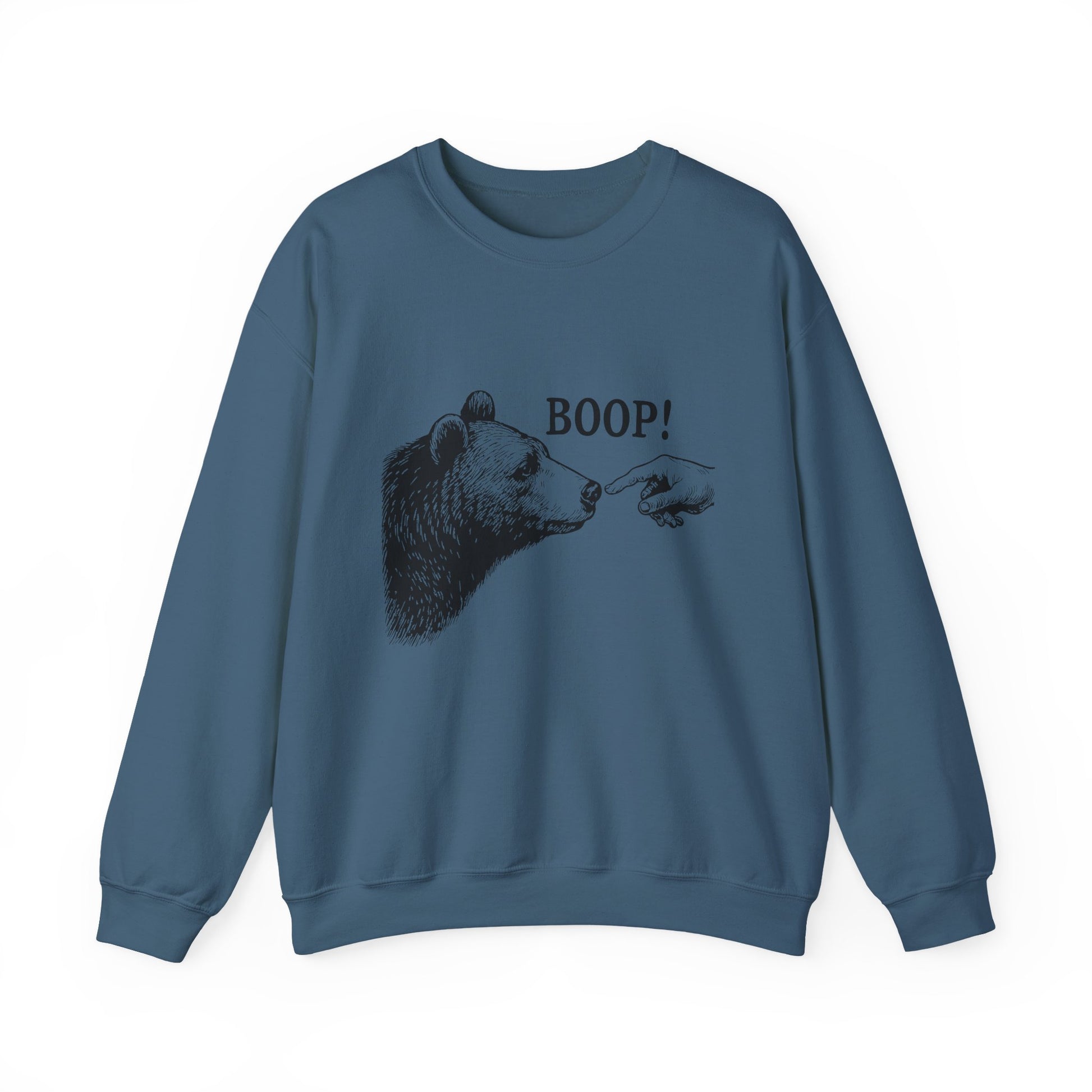 Indigo blue Bear Boop sweatshirt with vintage engraved bear and pointing finger