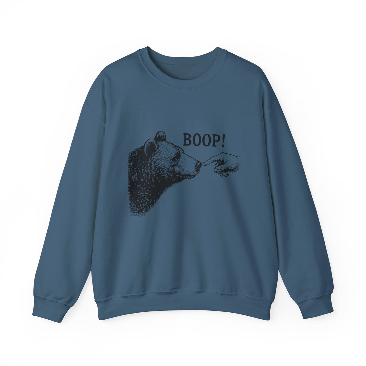 Indigo Blue Bear Boop sweatshirt with vintage engraved bear and pointing finger, front view
