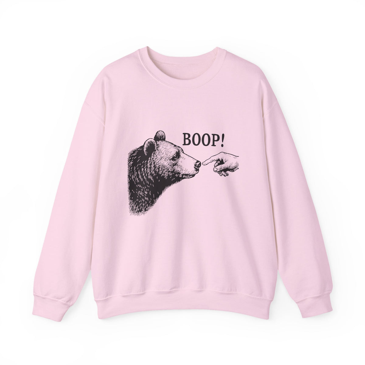 Light pink Bear Boop sweatshirt with vintage engraved bear and pointing finger