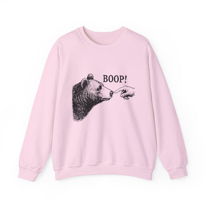 Light pink Bear Boop sweatshirt with vintage engraved bear and pointing finger