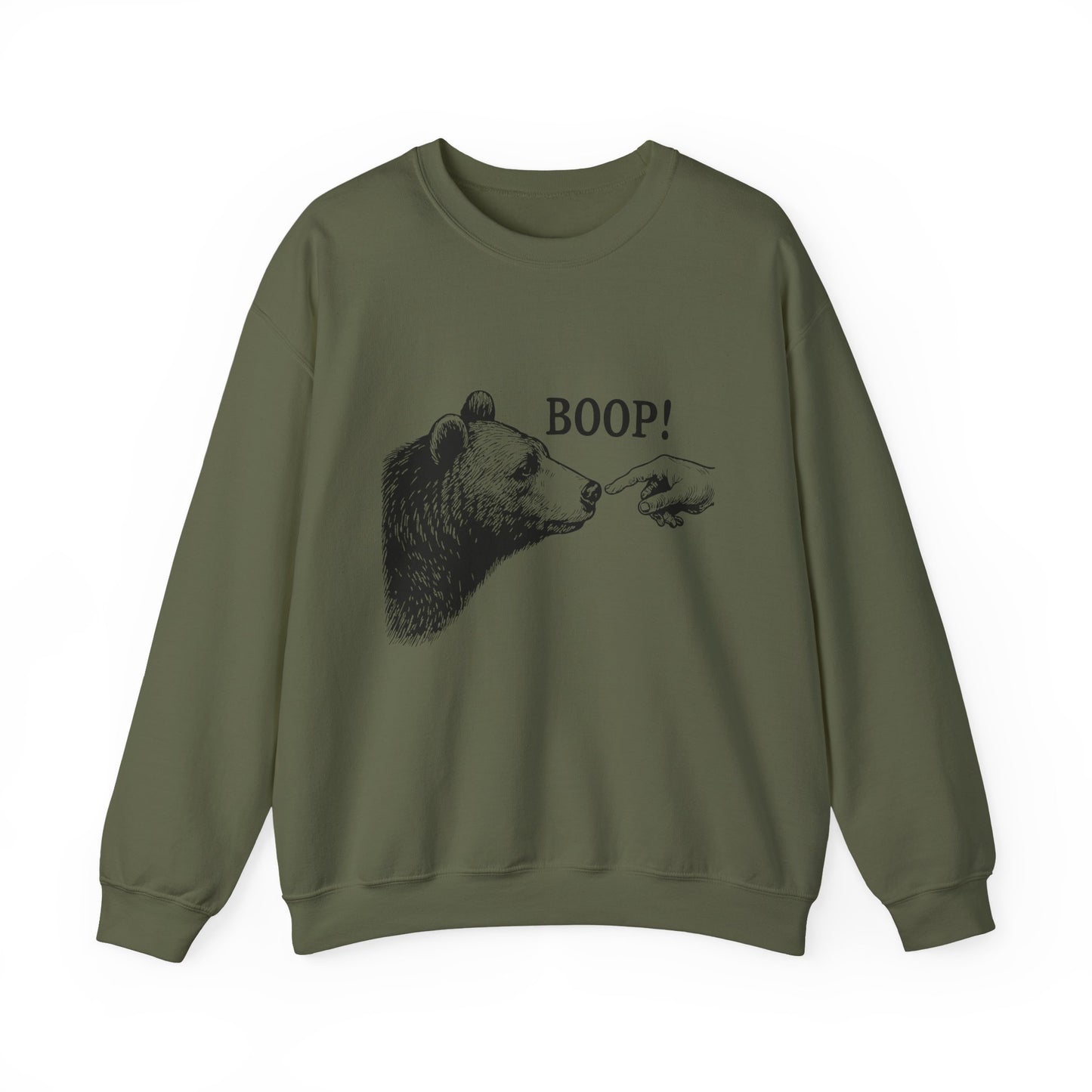 Military green Bear Boop sweatshirt with vintage engraved bear and pointing finger