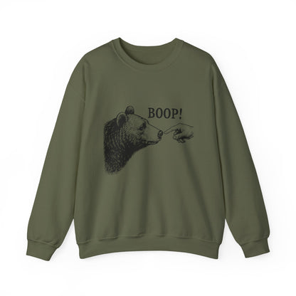 Military green Bear Boop sweatshirt with vintage engraved bear and pointing finger