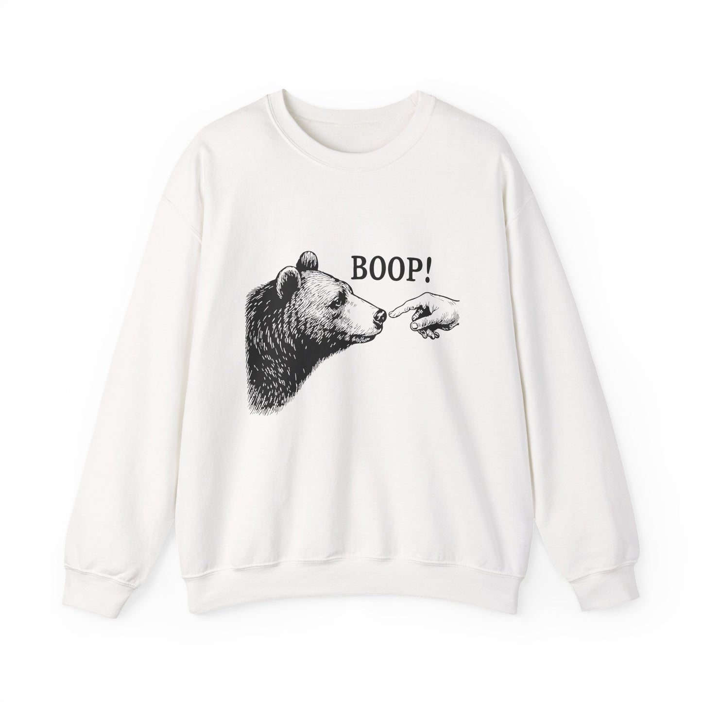 White Bear Boop sweatshirt with vintage engraved bear and pointing finger