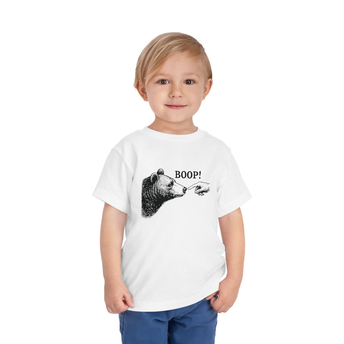 Toddler wearing the white Bear Boop Funny Toddler T-Shirt