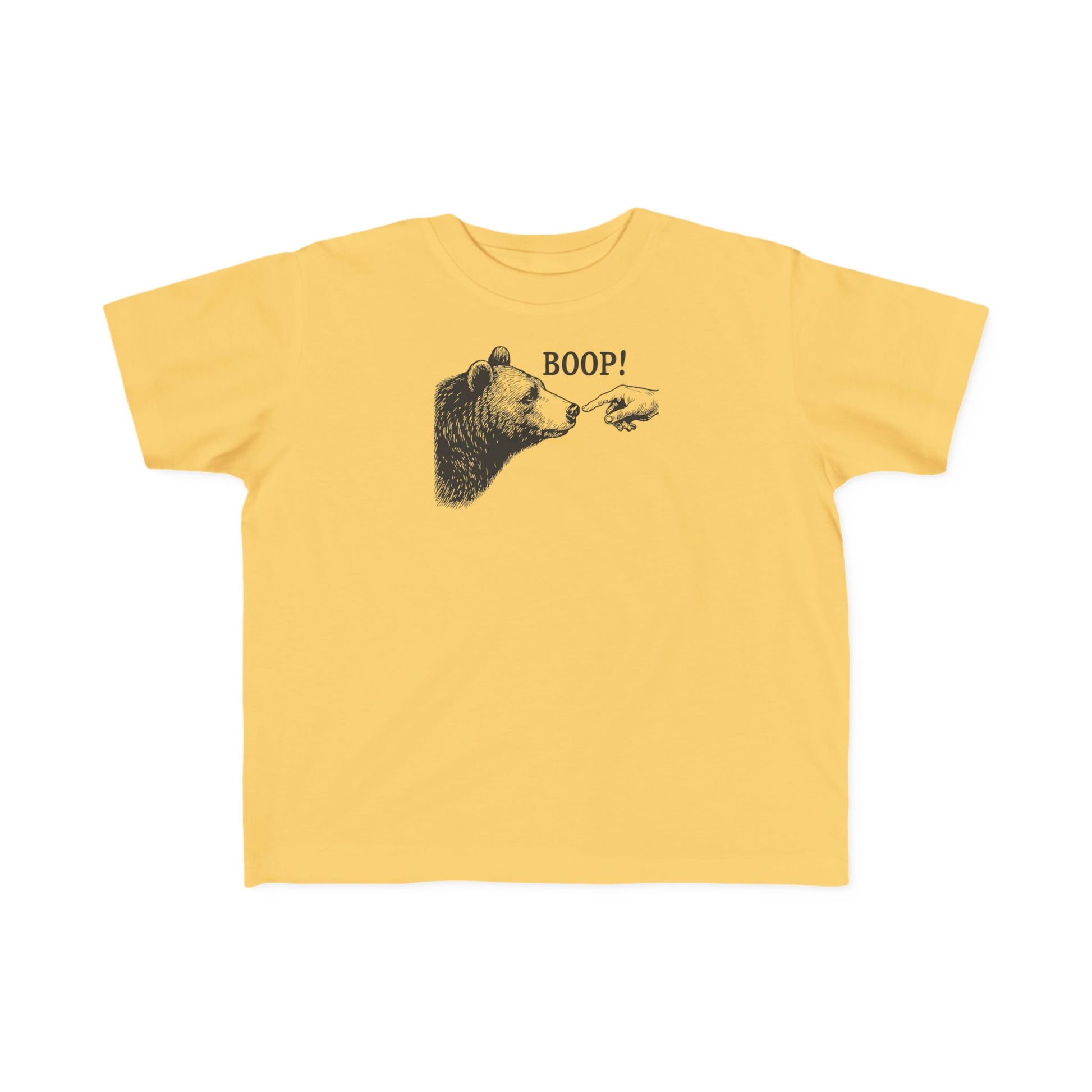 Butter yellow Bear Boop toddler t-shirt with vintage engraved bear and pointing finger