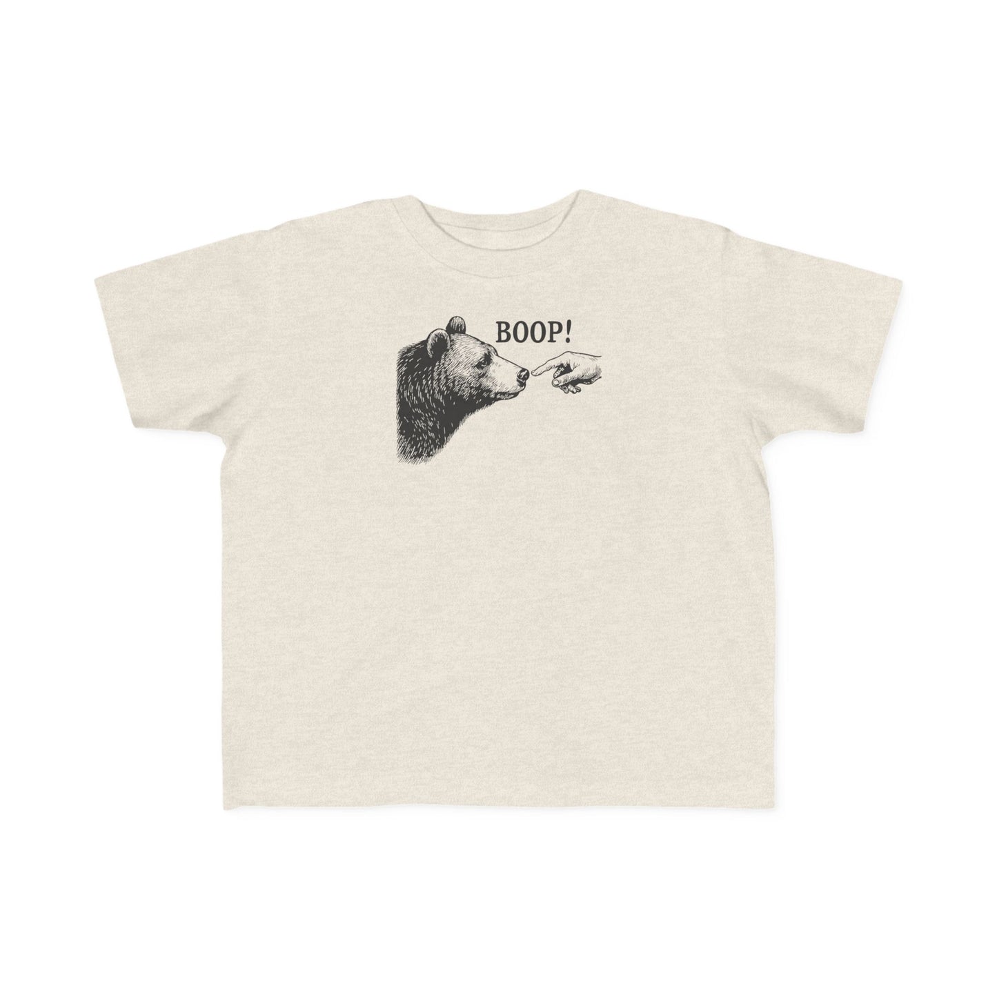 Natural heather Bear Boop toddler t-shirt with vintage engraved bear and pointing finger