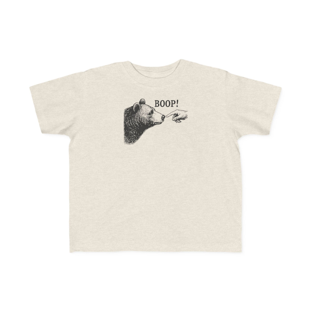 Natural heather Bear Boop toddler t-shirt with vintage engraved bear and pointing finger