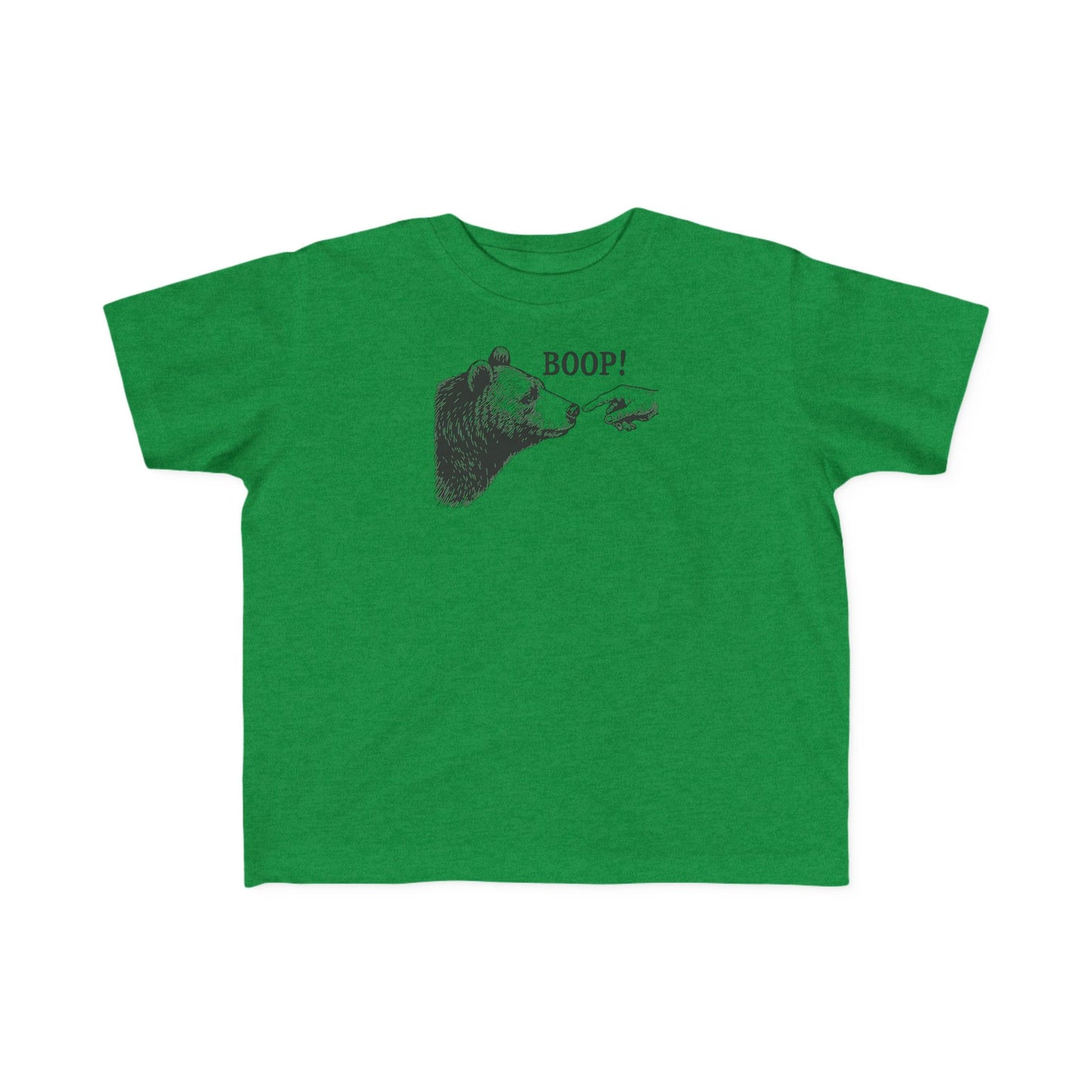 Vintage green Bear Boop toddler t-shirt with vintage engraved bear and pointing finger