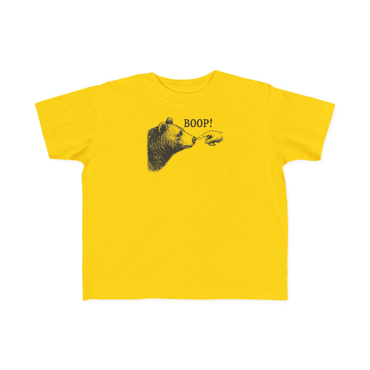 Yellow Bear Boop toddler t-shirt with vintage engraved bear and pointing finger