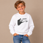 Boy wearing the White Bear Boop Funny Youth Sweatshirt