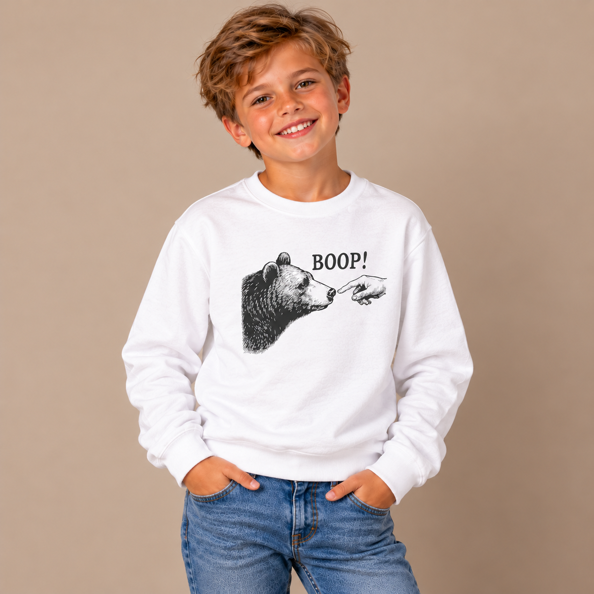 Boy wearing the White Bear Boop Funny Youth Sweatshirt
