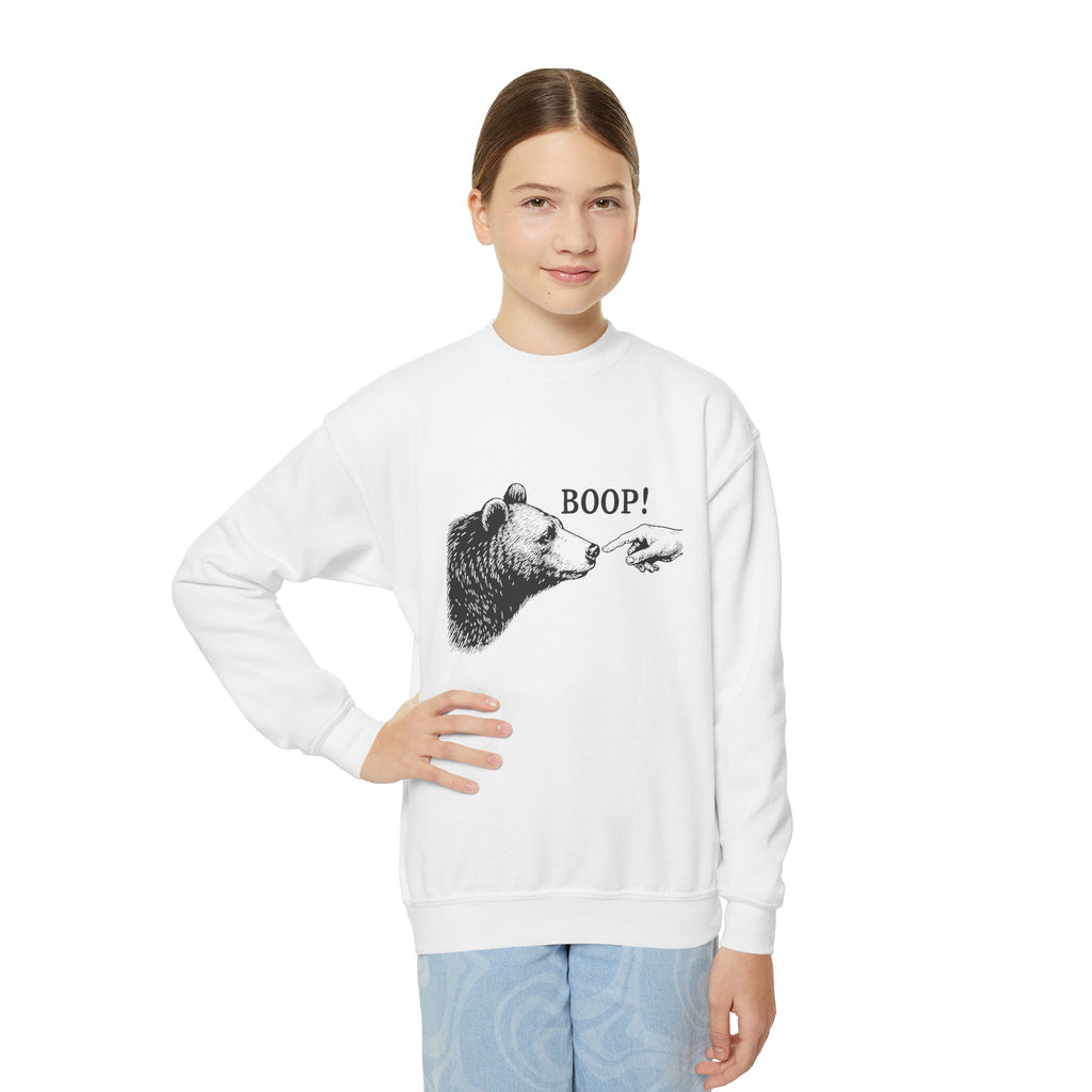 Girl wearing the Bear Boop Funny Youth Sweatshirt