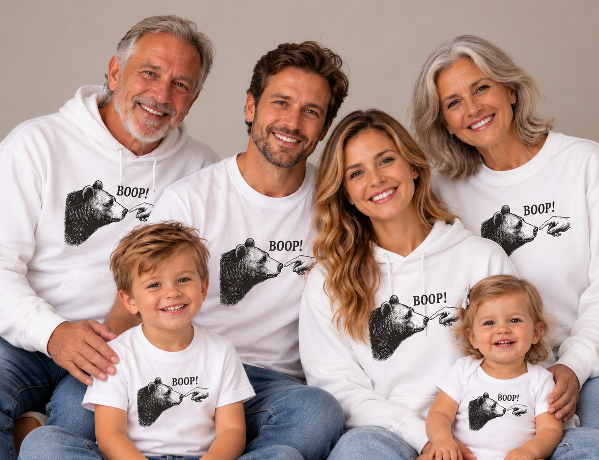 Three generations wearing matching Bear Boop hoodies, sweatshirts, t-shirts and a baby bodysuit