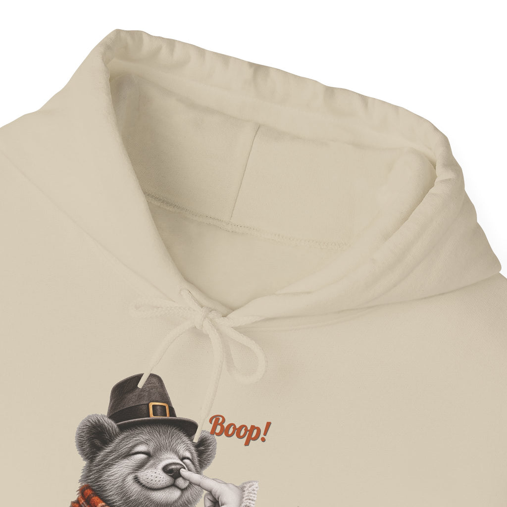 Bear Boop Thanksgiving Hoodie, front collar close-up
