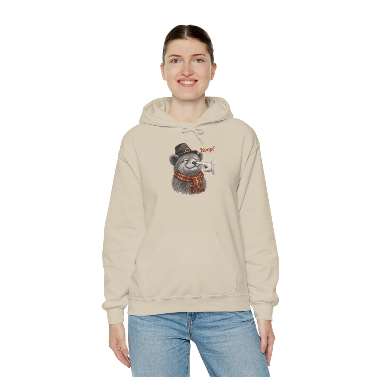 Model wearing the sand Bear Boop Thanksgiving Hoodie