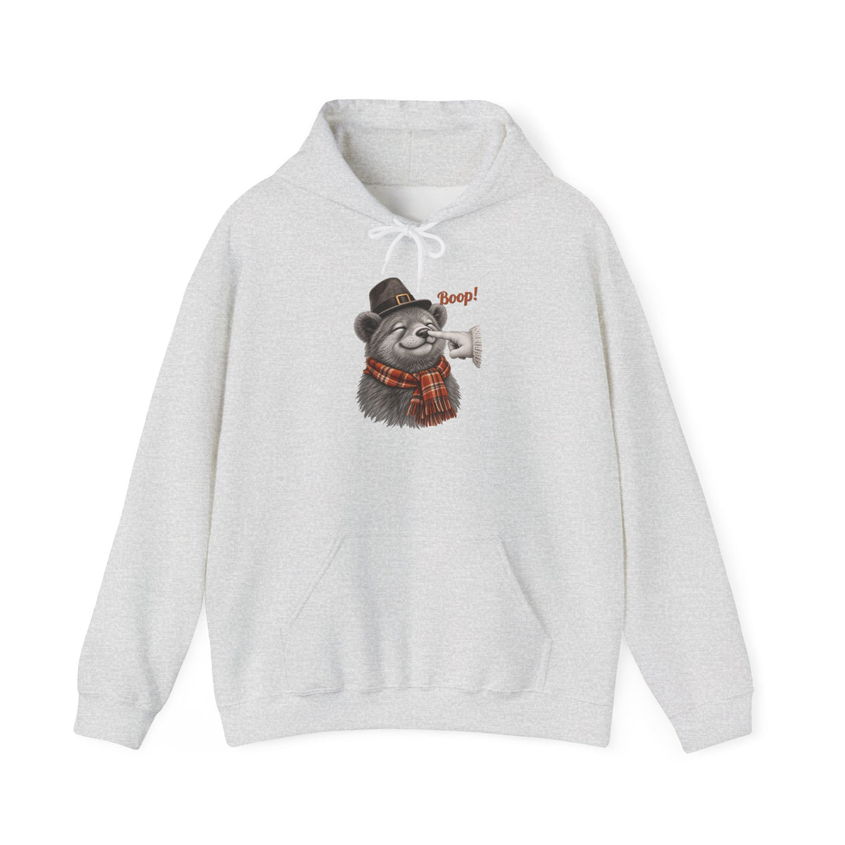Ash Bear Boop Thanksgiving hoodie with a bear in a pilgrim hat and plaid scarf getting a boop on the nose, front view