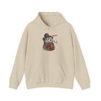 Sand Bear Boop Thanksgiving hoodie with a bear in a pilgrim hat and plaid scarf getting a boop on the nose, front view