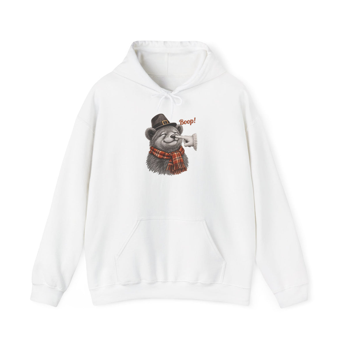 White Bear Boop Thanksgiving hoodie with a bear in a pilgrim hat and plaid scarf getting a boop on the nose, front view