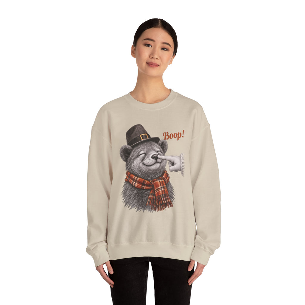 Model wearing the sand Bear Boop Thanksgiving Sweatshirt