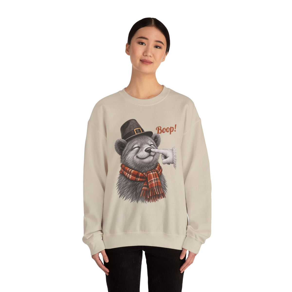 Model wearing the sand Bear Boop Thanksgiving Sweatshirt