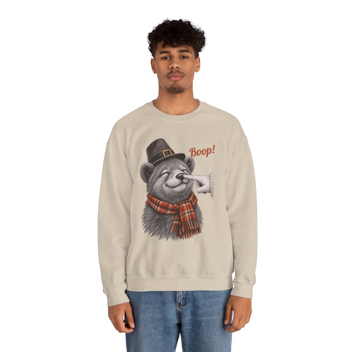 Model wearing the sand Bear Boop Thanksgiving Sweatshirt