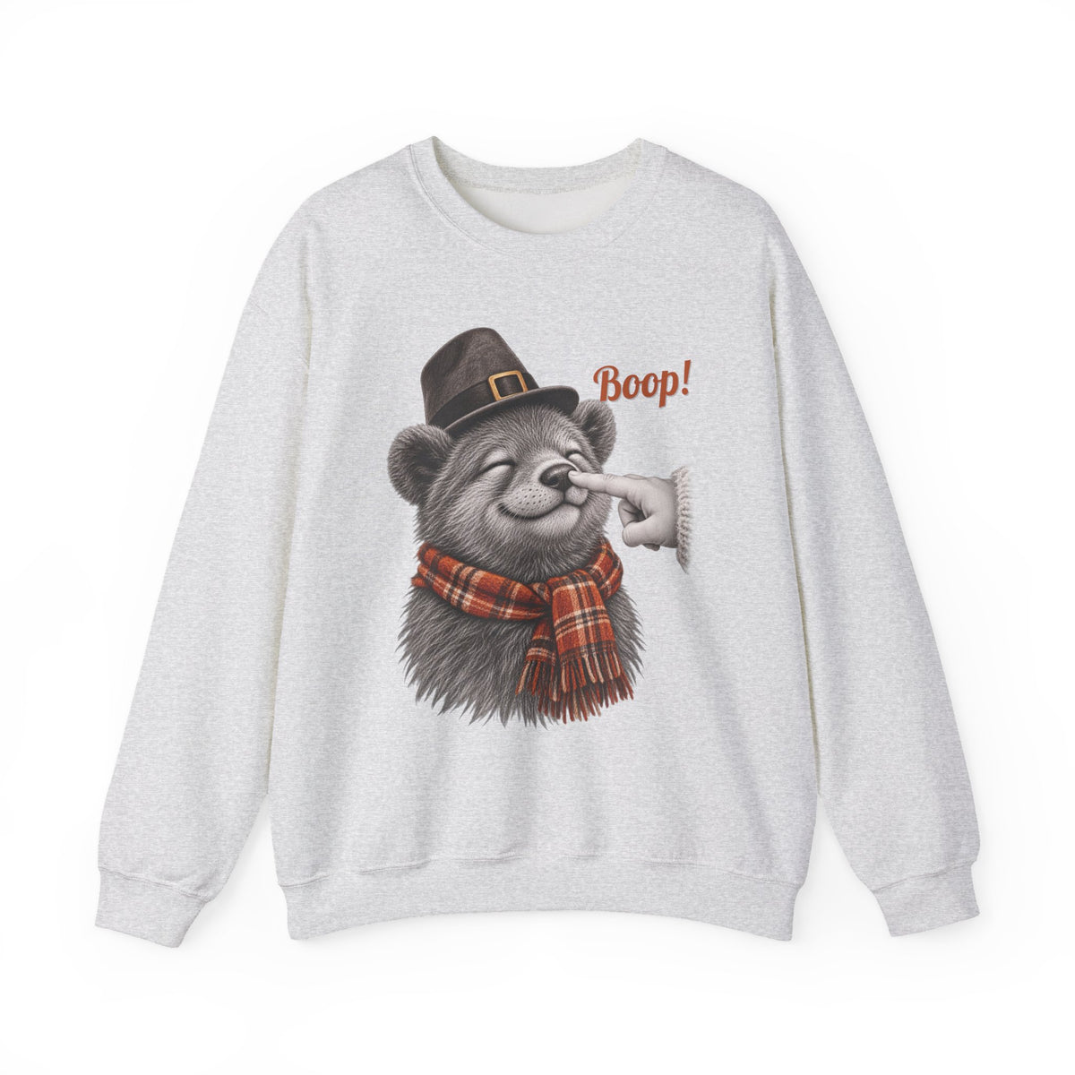 Ash Bear Boop Thanksgiving sweatshirt with a bear in a pilgrim hat and plaid scarf getting a boop on the nose, front view