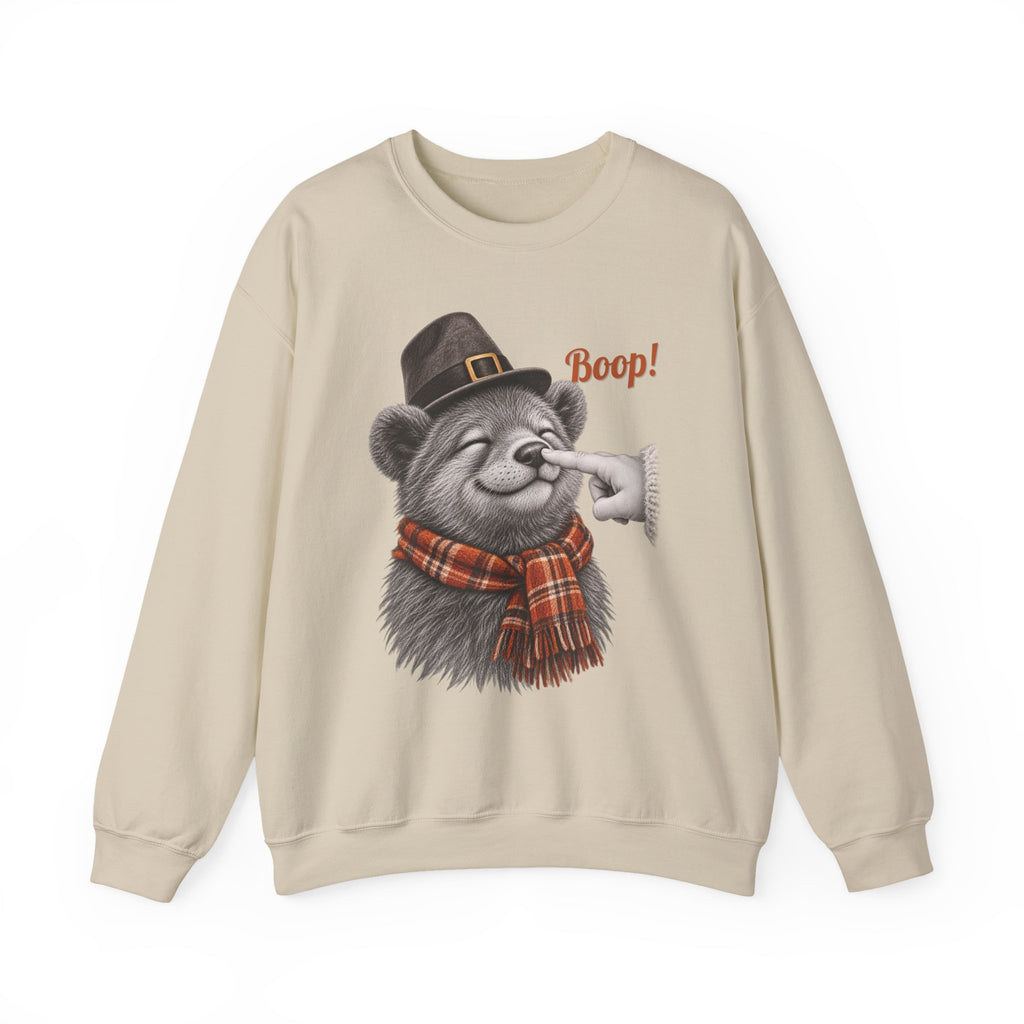 Sand Bear Boop Thanksgiving sweatshirt with a bear in a pilgrim hat and plaid scarf getting a boop on the nose, front view