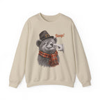 Sand Bear Boop Thanksgiving sweatshirt with a bear in a pilgrim hat and plaid scarf getting a boop on the nose, front view