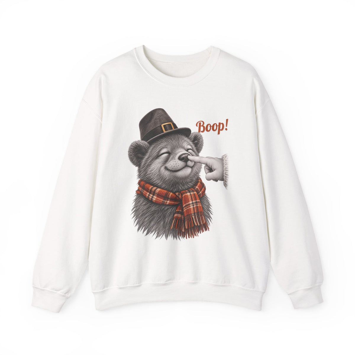 White Bear Boop Thanksgiving sweatshirt with a bear in a pilgrim hat and plaid scarf getting a boop on the nose, front view