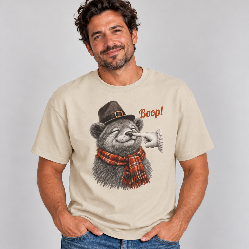 Man wearing the Sand Bear Boop Thanksgiving T-Shirt with jeans