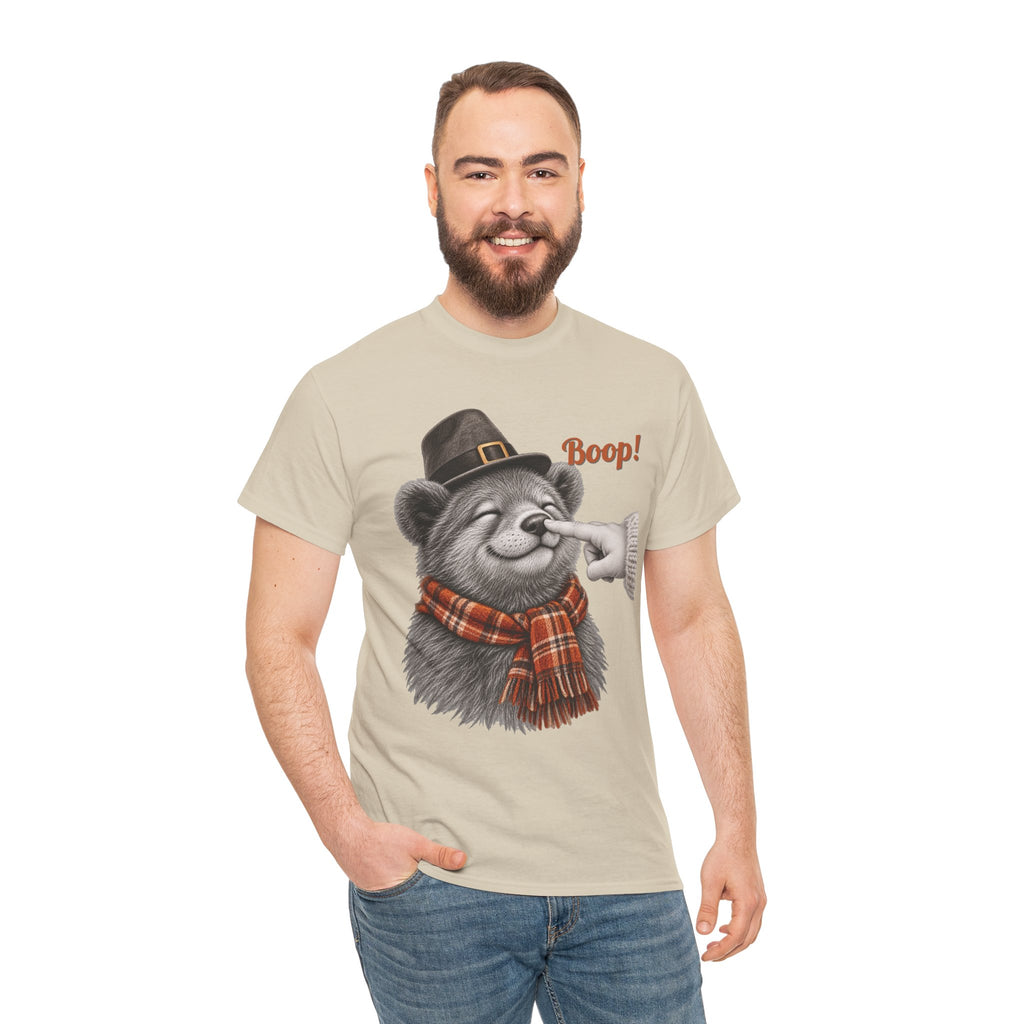 Model wearing the sand Bear Boop Thanksgiving T-Shirt