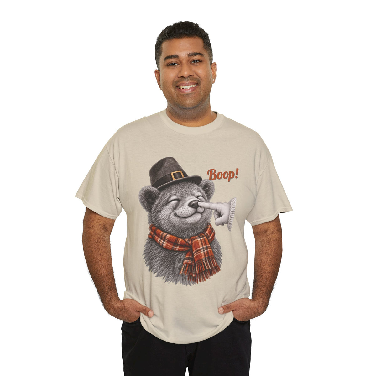 Model wearing the sand Bear Boop Thanksgiving T-Shirt