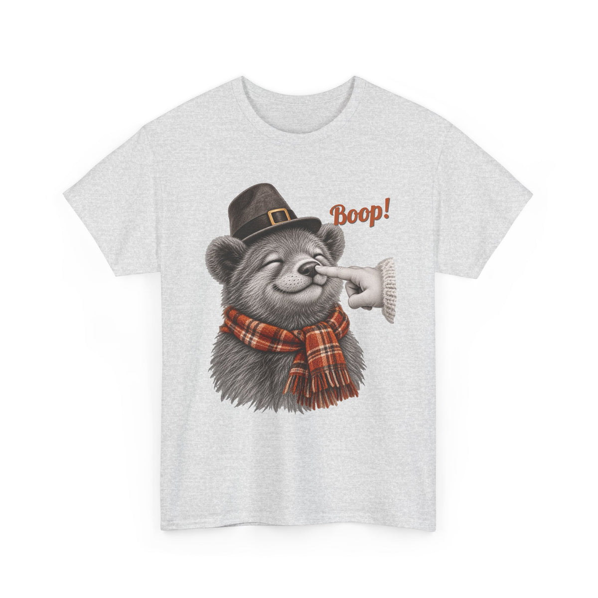 Ash Bear Boop Thanksgiving t-shirt with a bear in a pilgrim hat and plaid scarf getting a boop on the nose, front view