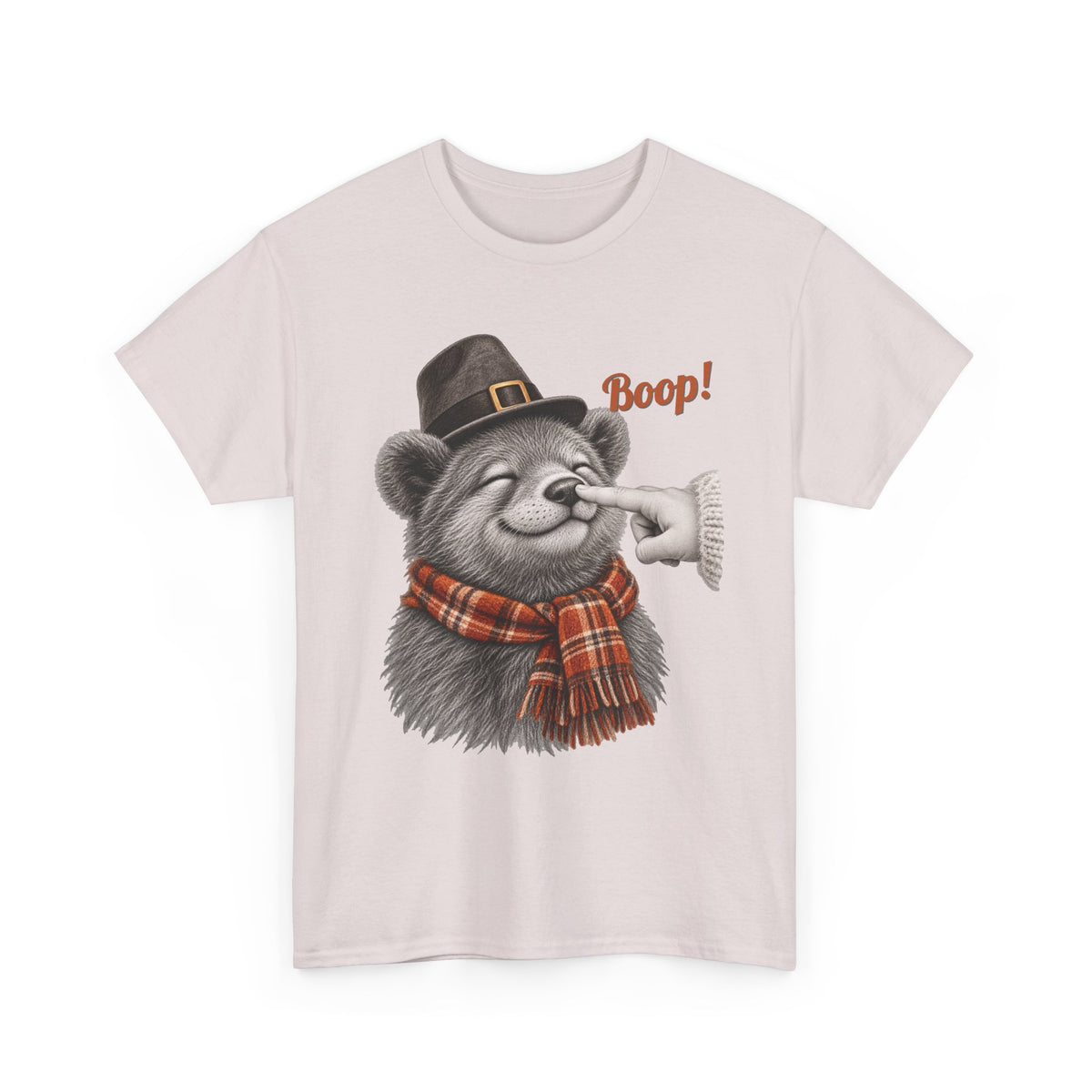 Ice Grey Bear Boop Thanksgiving t-shirt with a bear in a pilgrim hat and plaid scarf getting a boop on the nose, front view