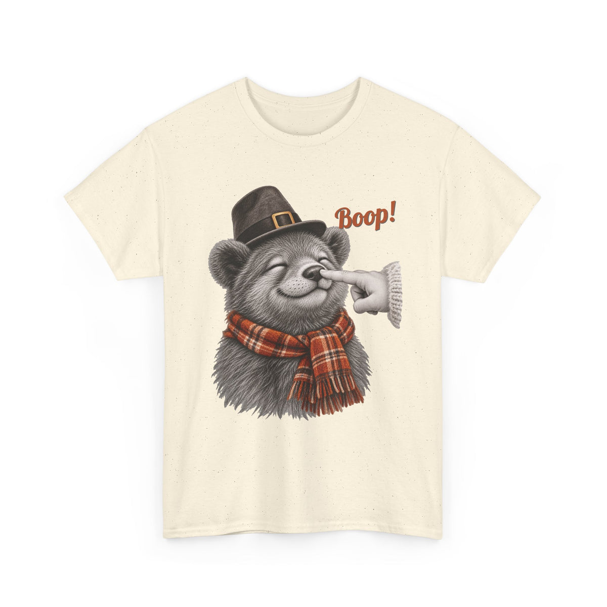 Natural Bear Boop Thanksgiving t-shirt with a bear in a pilgrim hat and plaid scarf getting a boop on the nose, front view