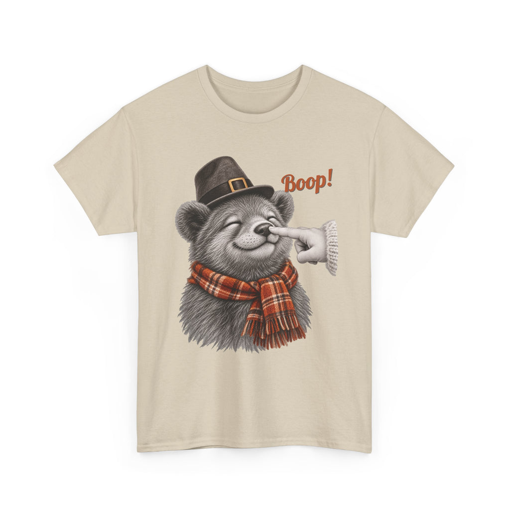 Sand Bear Boop Thanksgiving t-shirt with a bear in a pilgrim hat and plaid scarf getting a boop on the nose, front view