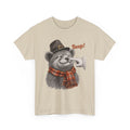 Sand Bear Boop Thanksgiving t-shirt with a bear in a pilgrim hat and plaid scarf getting a boop on the nose, front view