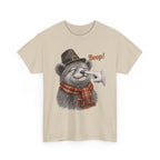 Sand Bear Boop Thanksgiving t-shirt with a bear in a pilgrim hat and plaid scarf getting a boop on the nose, front view
