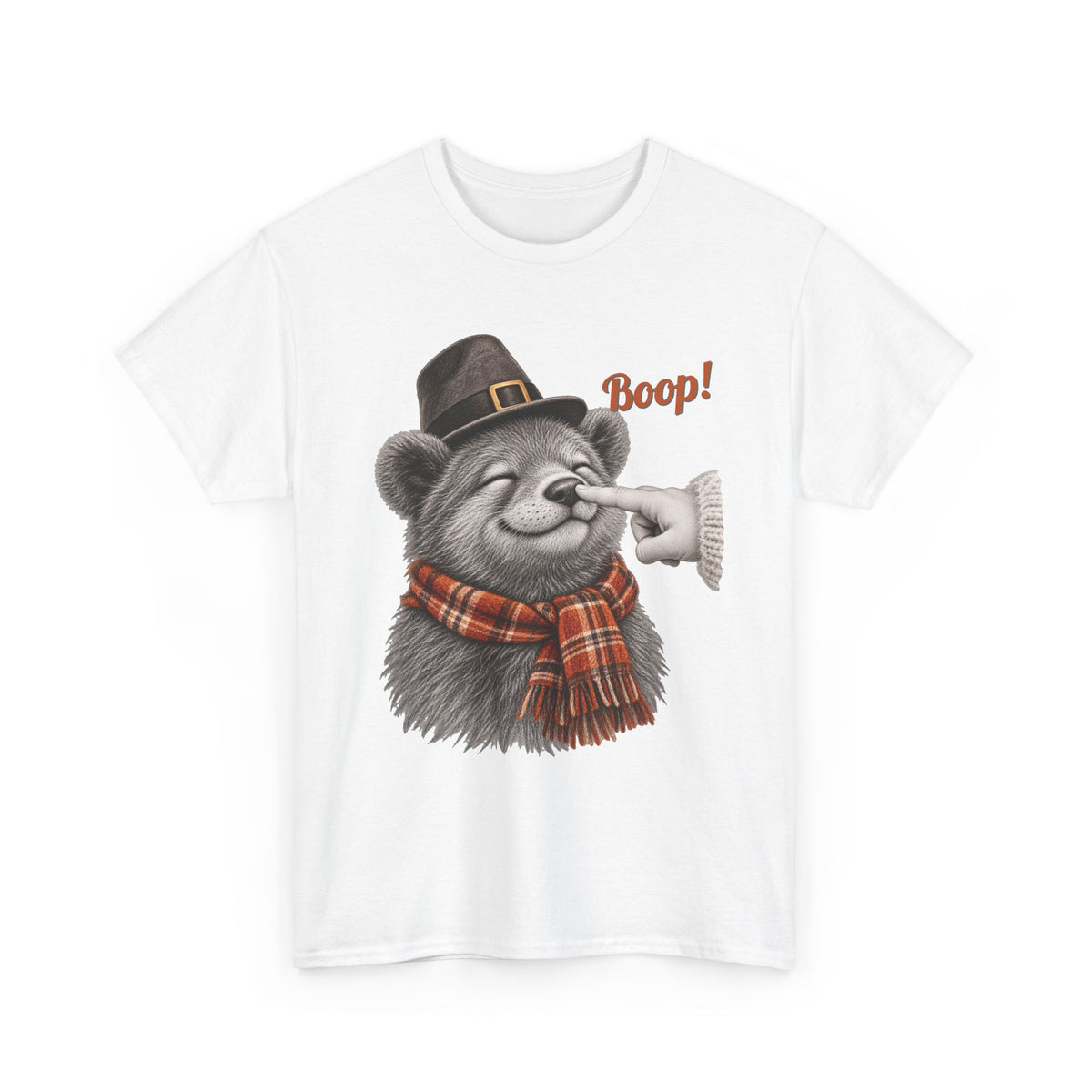 White Bear Boop Thanksgiving t-shirt with a bear in a pilgrim hat and plaid scarf getting a boop on the nose, front view
