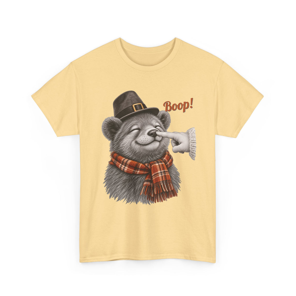 Yellow Haze Bear Boop Thanksgiving t-shirt with a bear in a pilgrim hat and plaid scarf getting a boop on the nose, front view