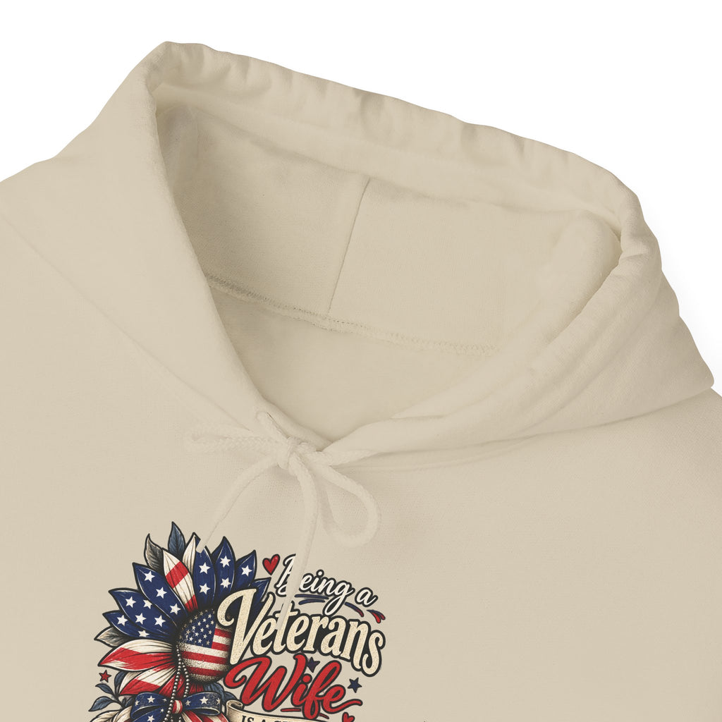Being A Veteran's Wife Is A Choice Being His Wife Is An Honor Hoodie, front collar close-up