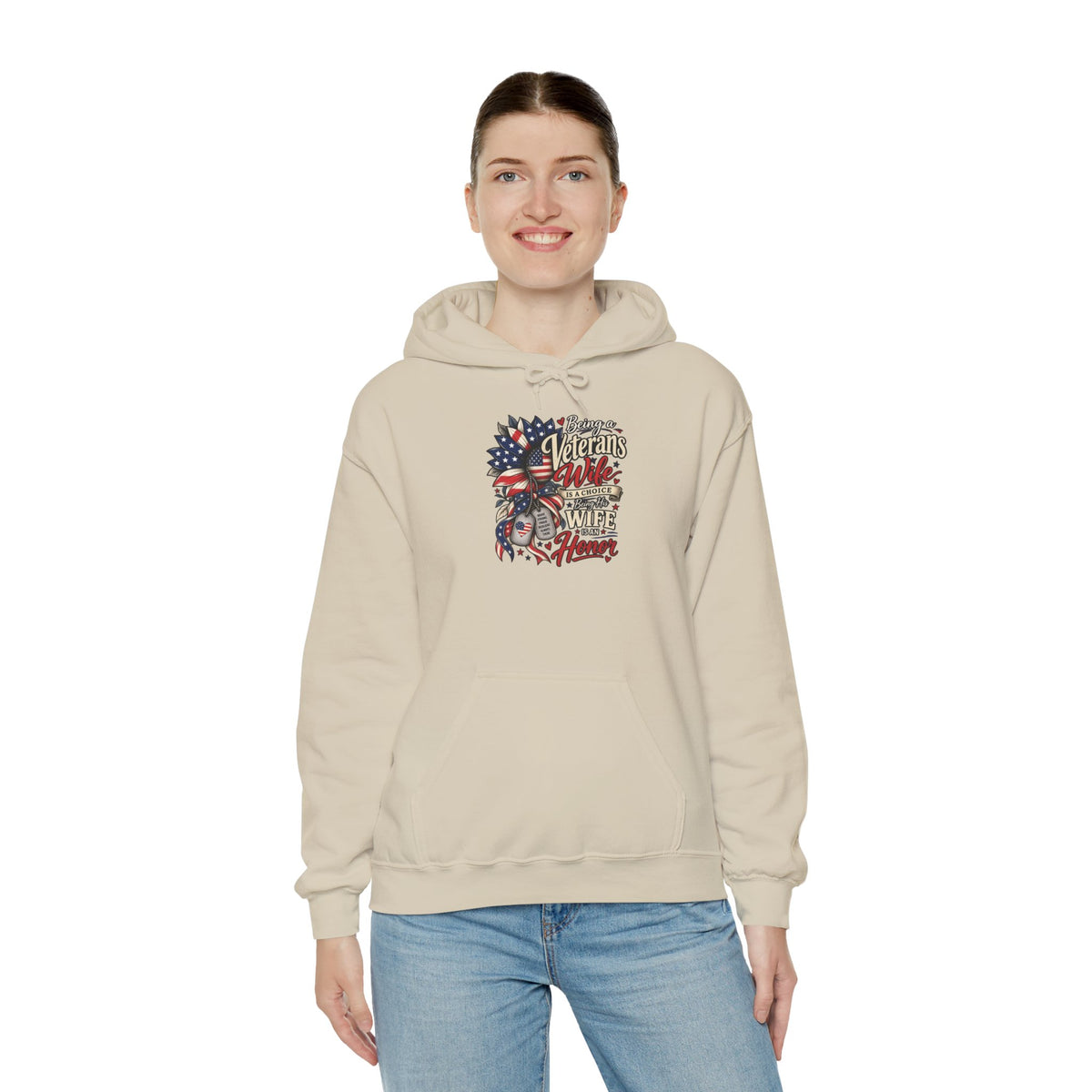 Model wearing the Being A Veteran's Wife Is A Choice Being His Wife Is An Honor Hoodie