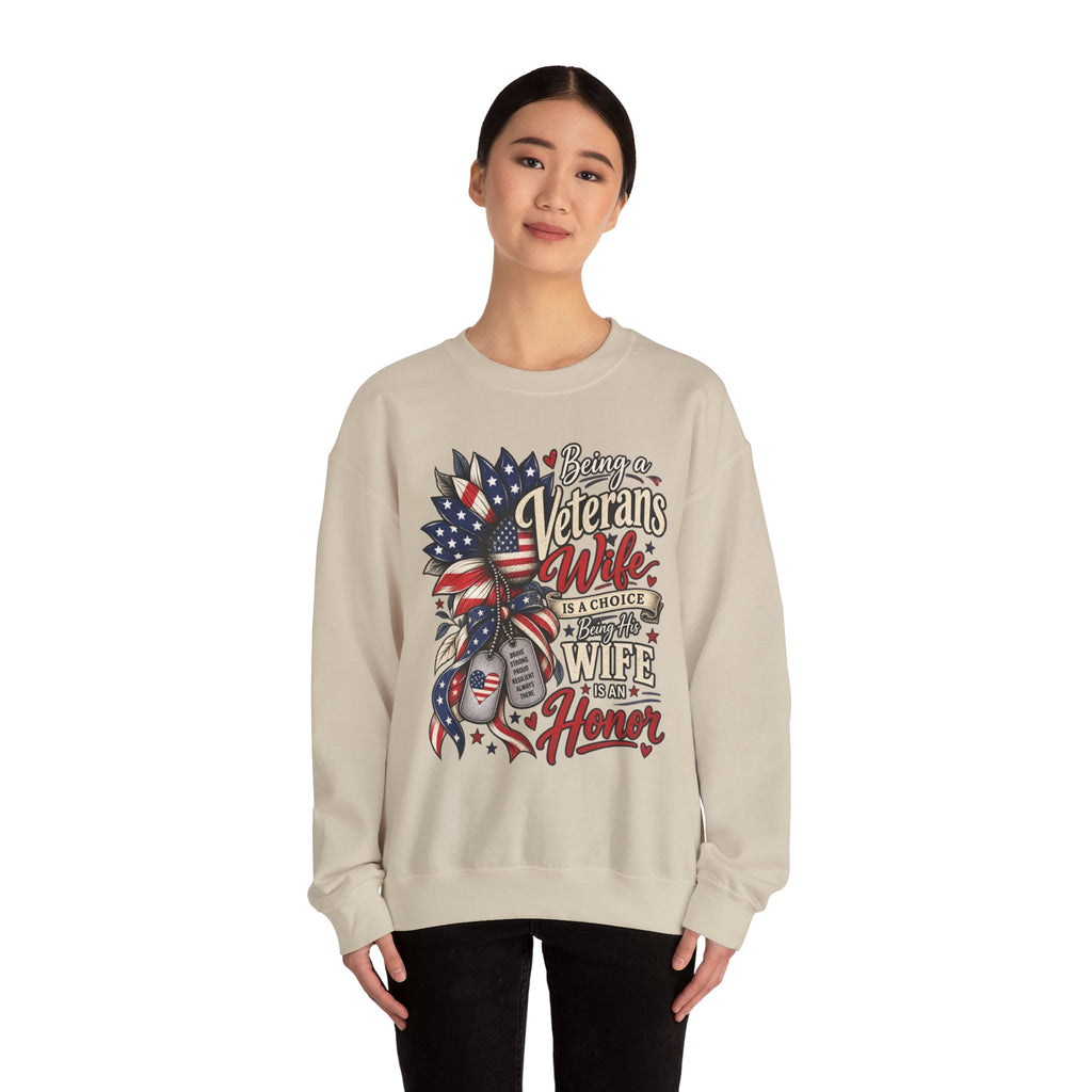 Model wearing the Being A Veteran's Wife Is A Choice Being His Wife Is An Honor Sweatshirt