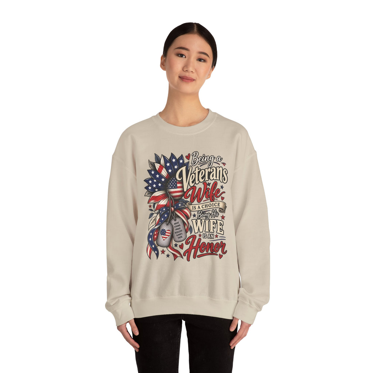 Model wearing the Being A Veteran's Wife Is A Choice Being His Wife Is An Honor Sweatshirt