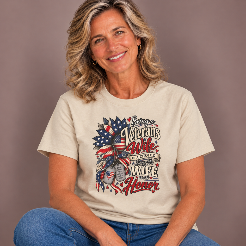Woman wearing the Sand Being A Veteran's Wife Is A Choice Being His Wife Is An Honor T-Shirt with jeans