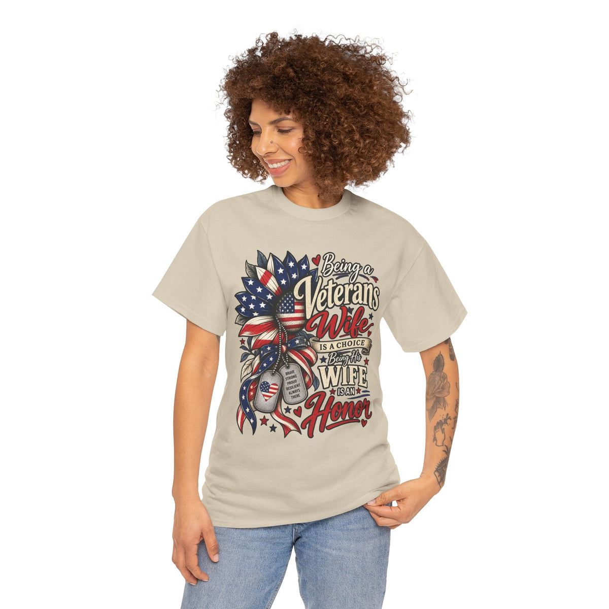 Model wearing the Being A Veteran's Wife Is A Choice Being His Wife Is An Honor T-Shirt
