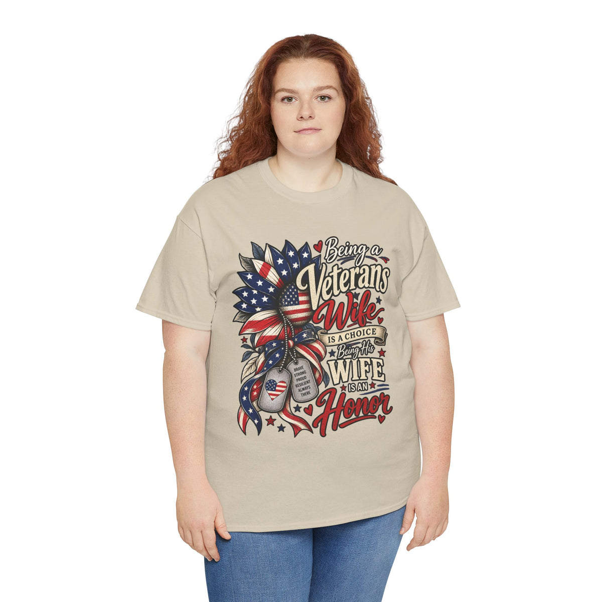 Model wearing the Being A Veteran's Wife Is A Choice Being His Wife Is An Honor T-Shirt